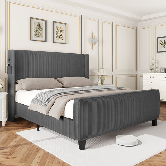 Corduroy Bed Frame with High Back & Charging Slot